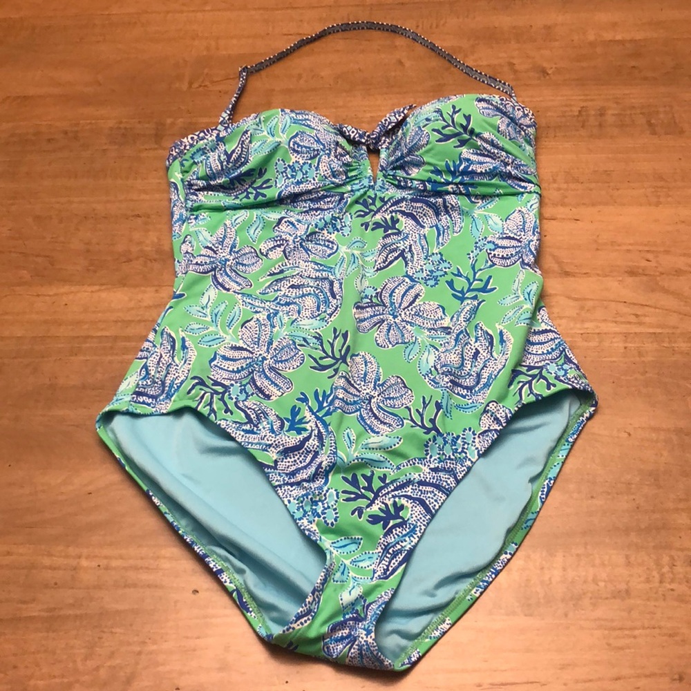 Lilly Pulitzer strapless 1-piece bathing suit w removable halter strap. Size 14.